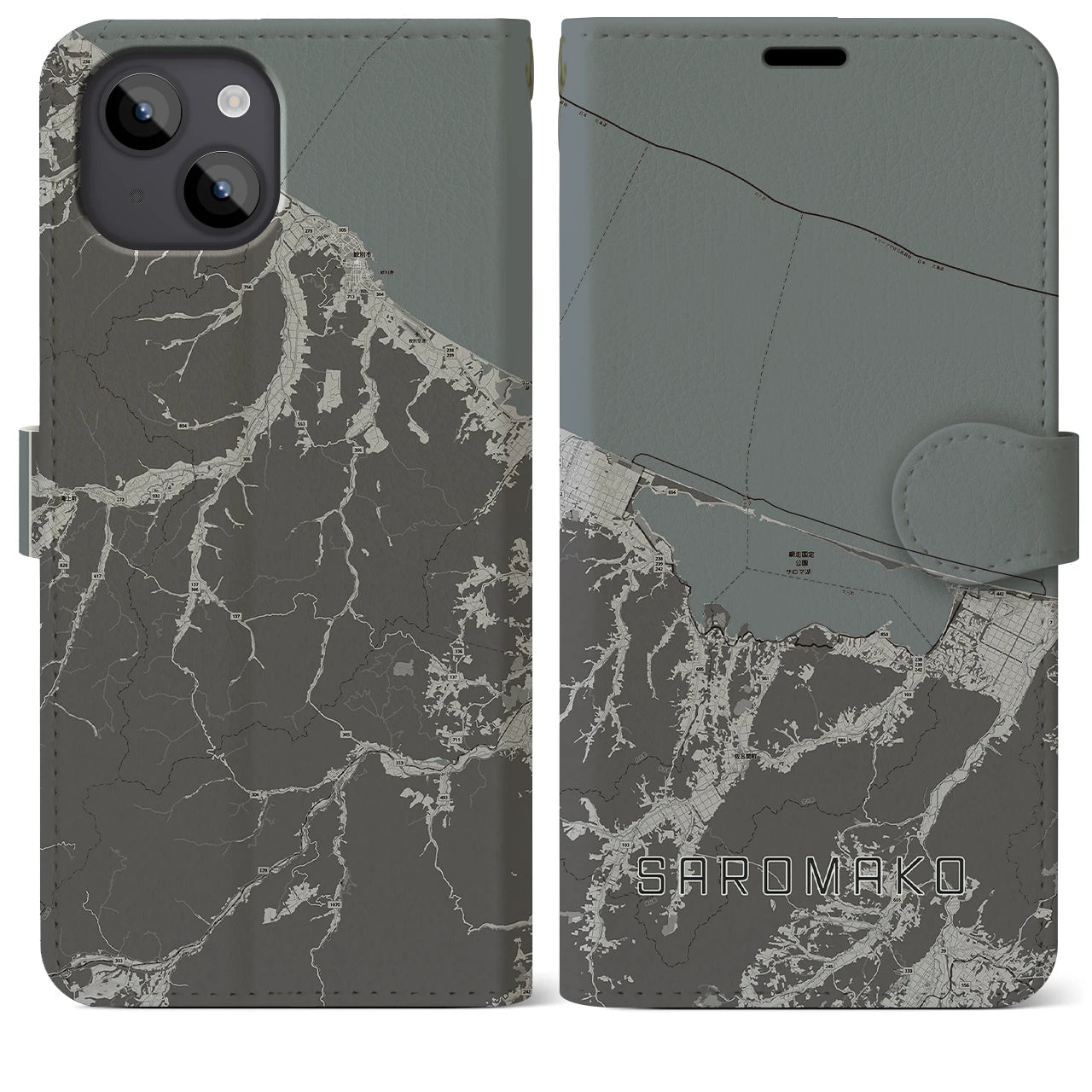 【サロマ湖(北海道)】地図柄iPhoneケース(手帳タイプ)モノトーン・iPhone 14 Plus 用