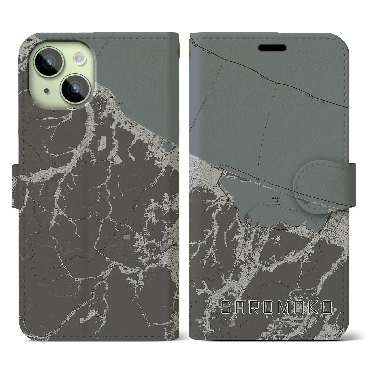 【サロマ湖(北海道)】地図柄iPhoneケース(手帳タイプ)モノトーン・iPhone 15 用