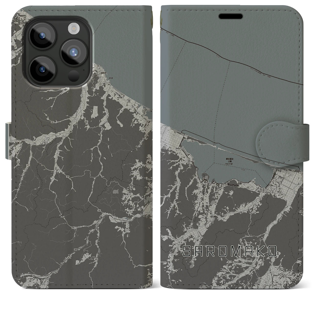 【サロマ湖(北海道)】地図柄iPhoneケース(手帳タイプ)モノトーン・iPhone 15 Pro Max 用