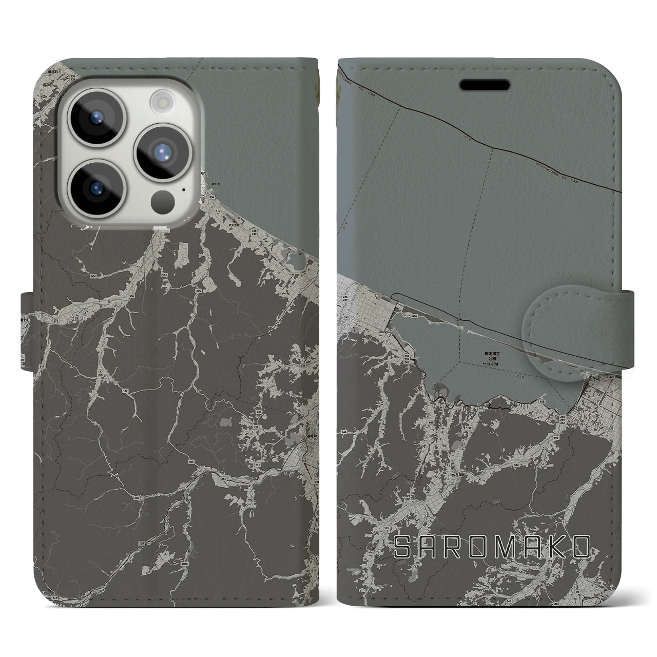 【サロマ湖(北海道)】地図柄iPhoneケース(手帳タイプ)モノトーン・iPhone 15 Pro 用