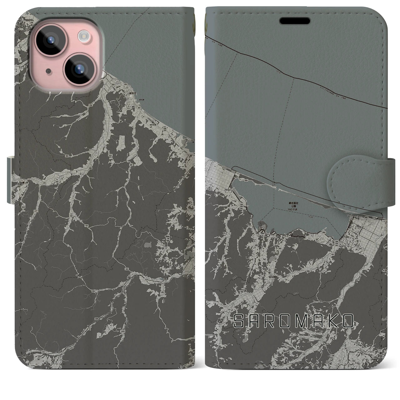 【サロマ湖(北海道)】地図柄iPhoneケース(手帳タイプ)モノトーン・iPhone 15 Plus 用