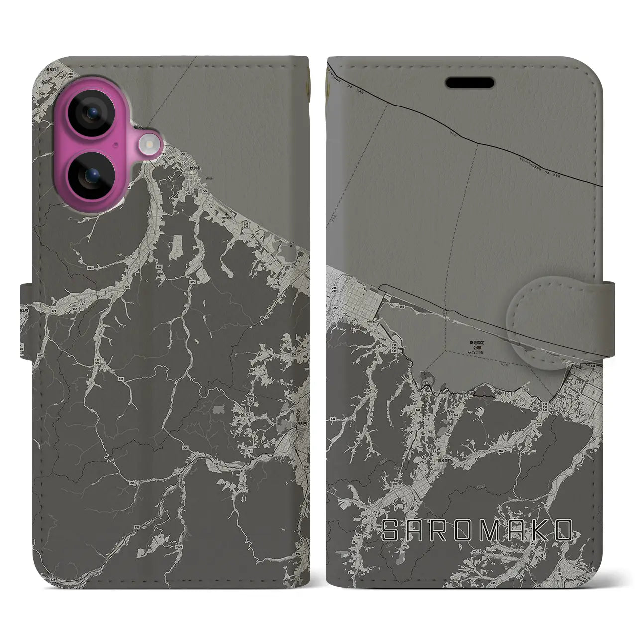 【サロマ湖(北海道)】地図柄iPhoneケース(手帳タイプ)モノトーン・iPhone 16 Pro 用