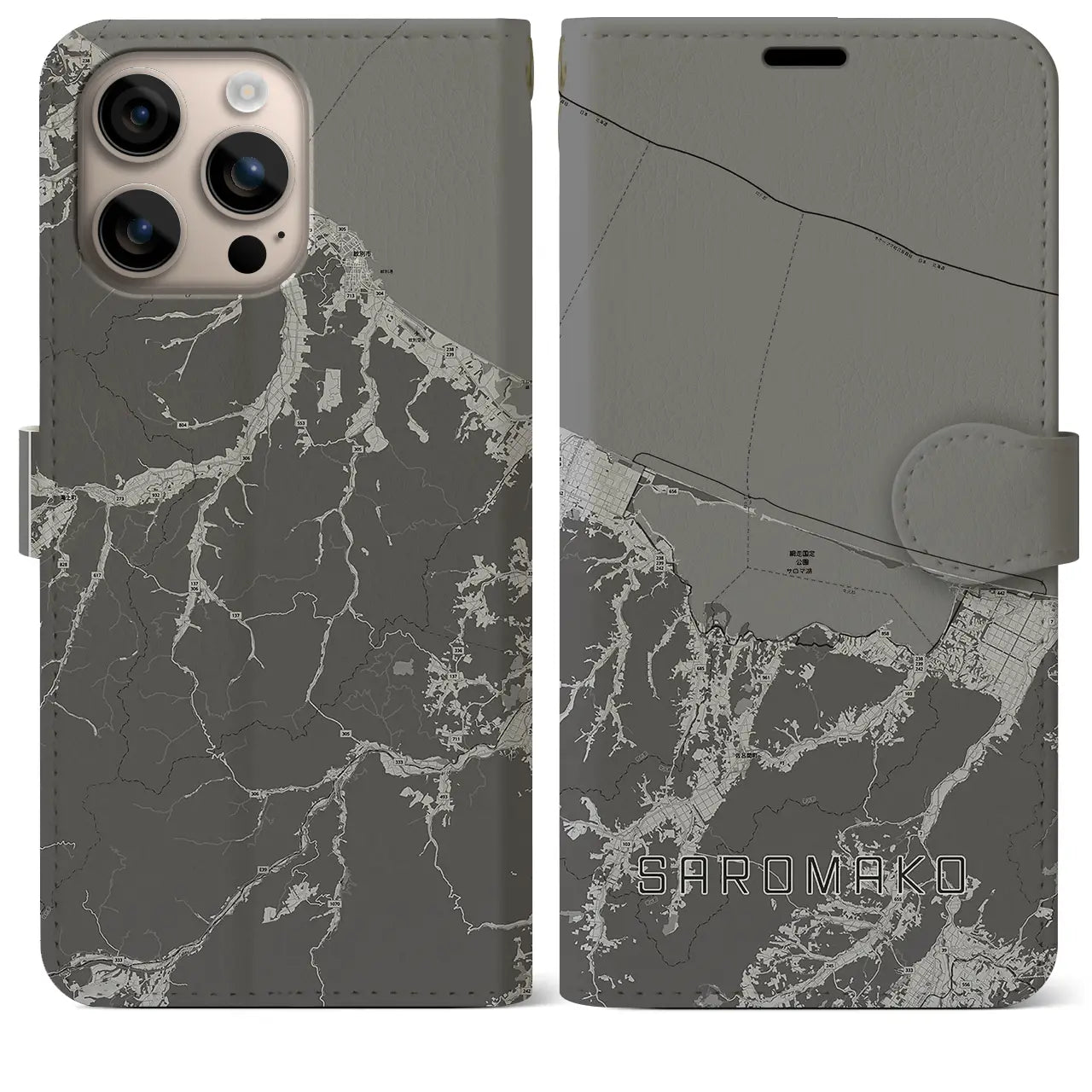 【サロマ湖(北海道)】地図柄iPhoneケース(手帳タイプ)モノトーン・iPhone 16 Plus 用