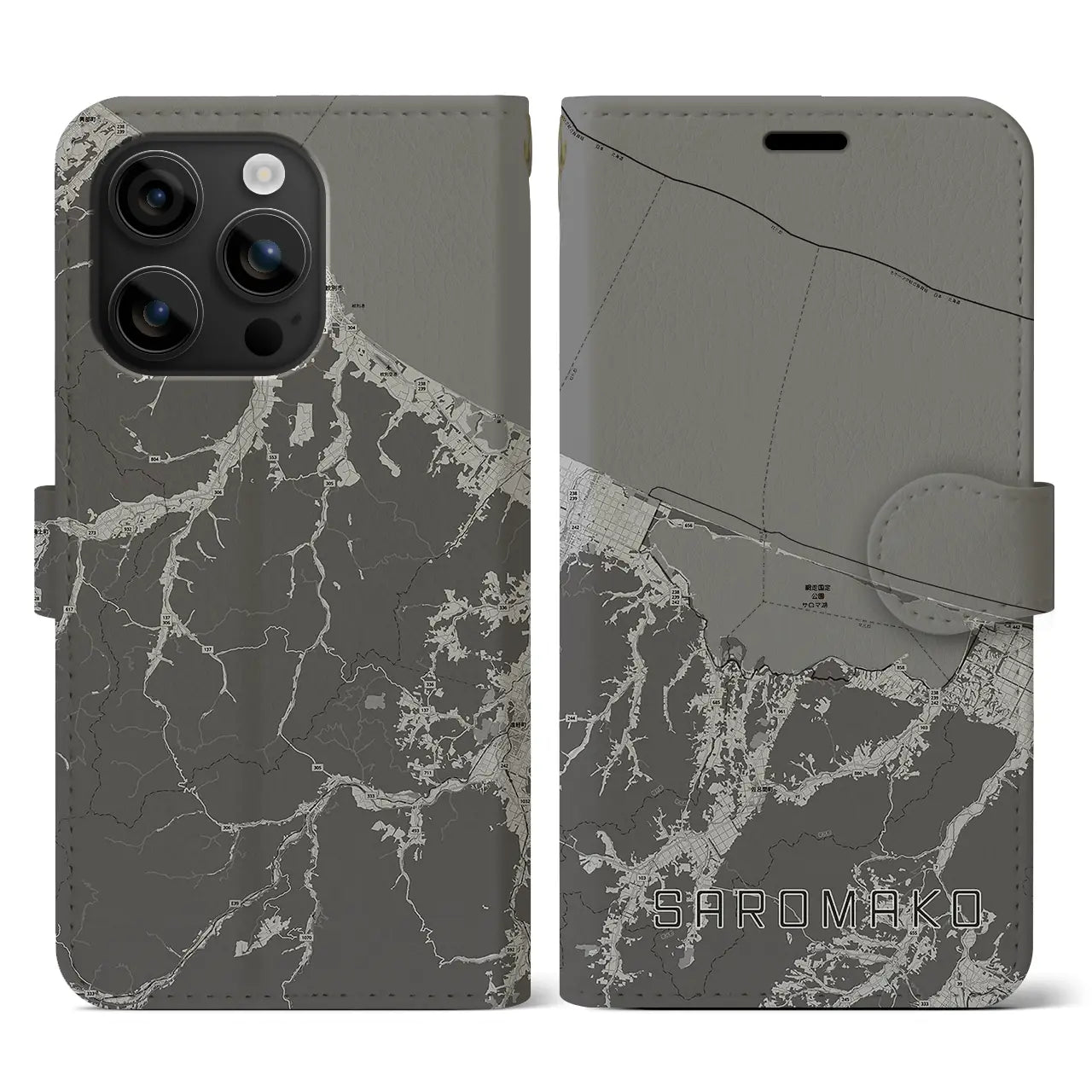 【サロマ湖(北海道)】地図柄iPhoneケース(手帳タイプ)モノトーン・iPhone 16 用