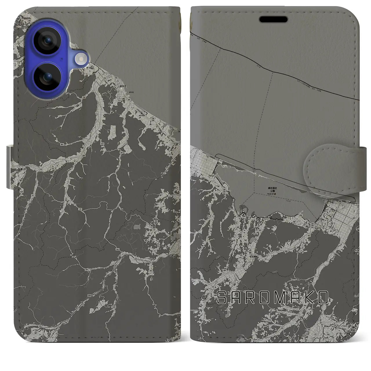 【サロマ湖(北海道)】地図柄iPhoneケース(手帳タイプ)モノトーン・iPhone 16 Pro Max 用