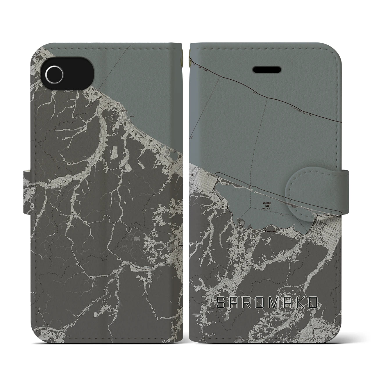 【サロマ湖(北海道)】地図柄iPhoneケース(手帳タイプ)モノトーン・iPhone SE(第3 / 第2世代) / 8 / 7 / 6s / 6 用