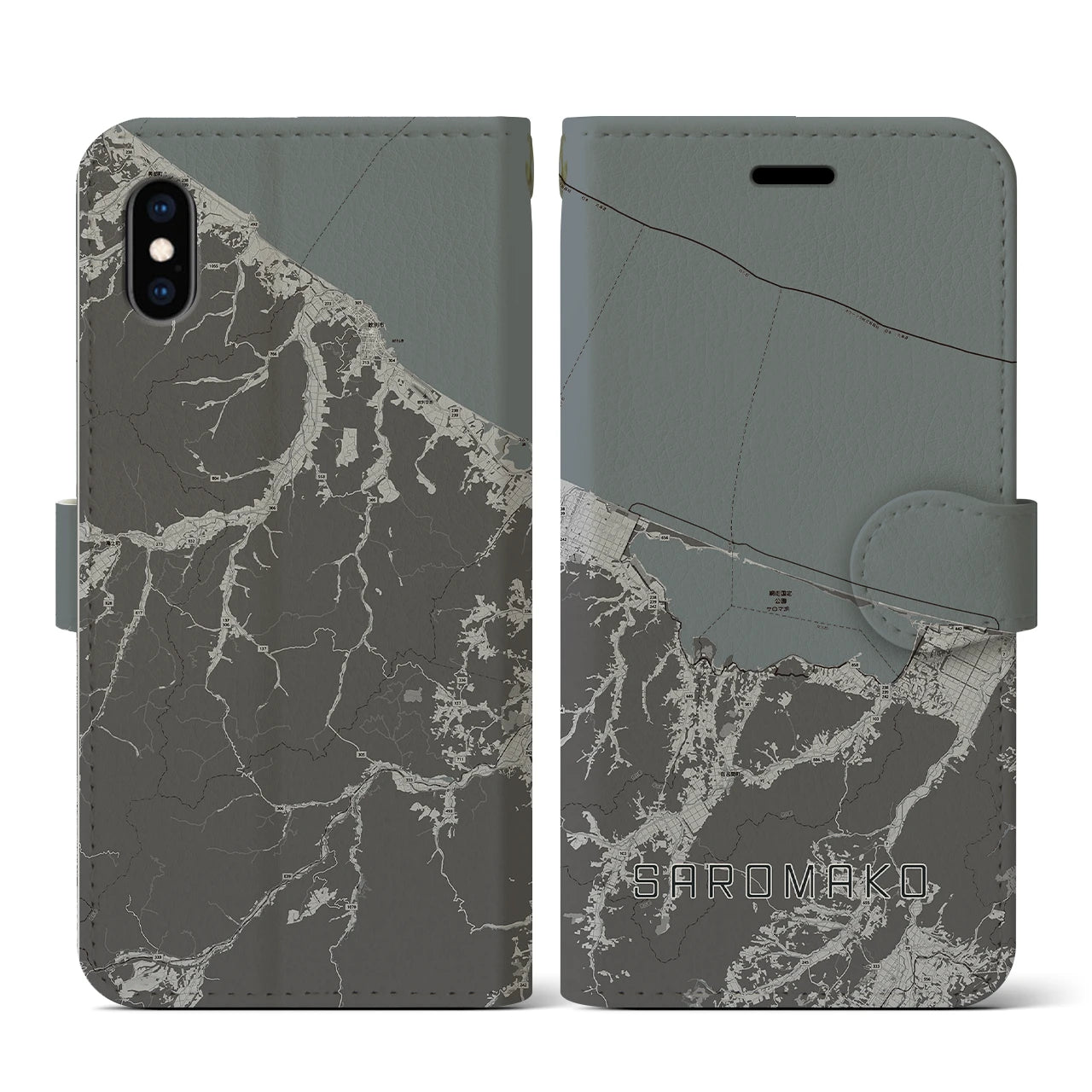 【サロマ湖(北海道)】地図柄iPhoneケース(手帳タイプ)モノトーン・iPhone XS / X 用