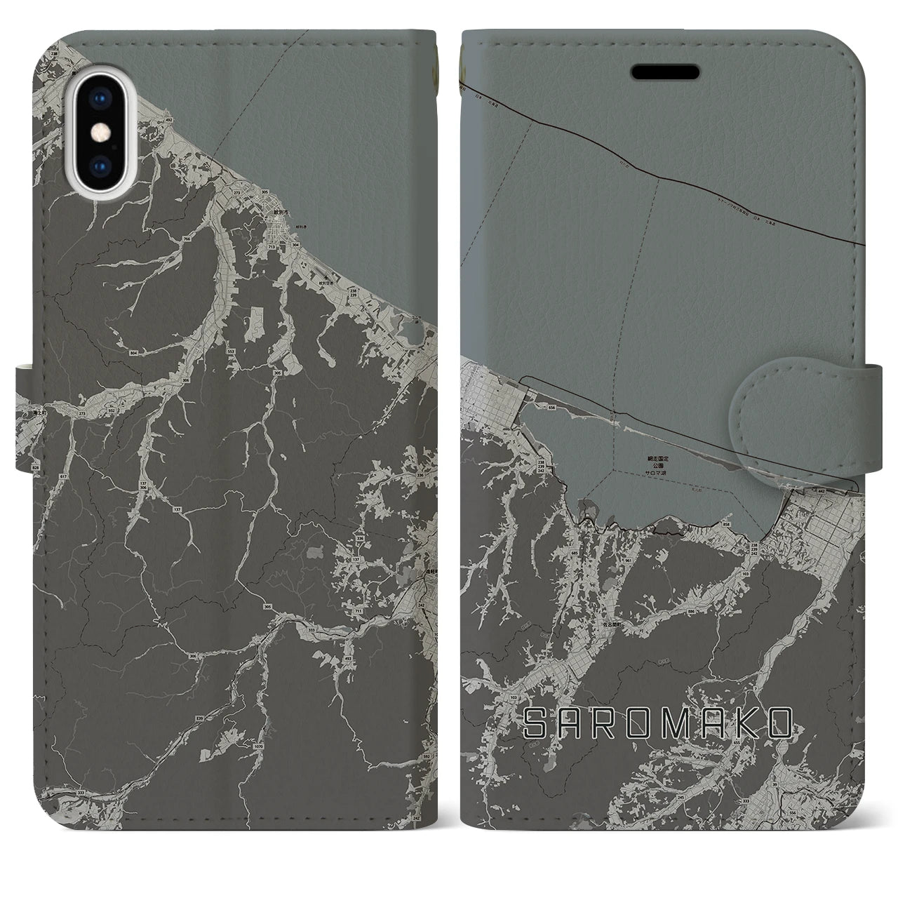 【サロマ湖(北海道)】地図柄iPhoneケース(手帳タイプ)モノトーン・iPhone XS Max 用