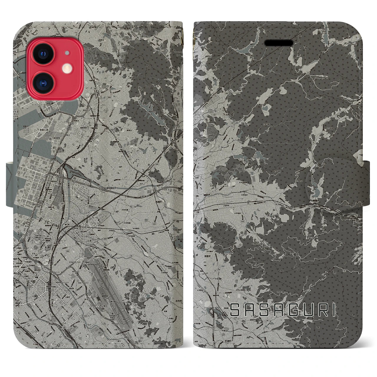 【篠栗(福岡県)】地図柄iPhoneケース(手帳タイプ)モノトーン・iPhone 11 用