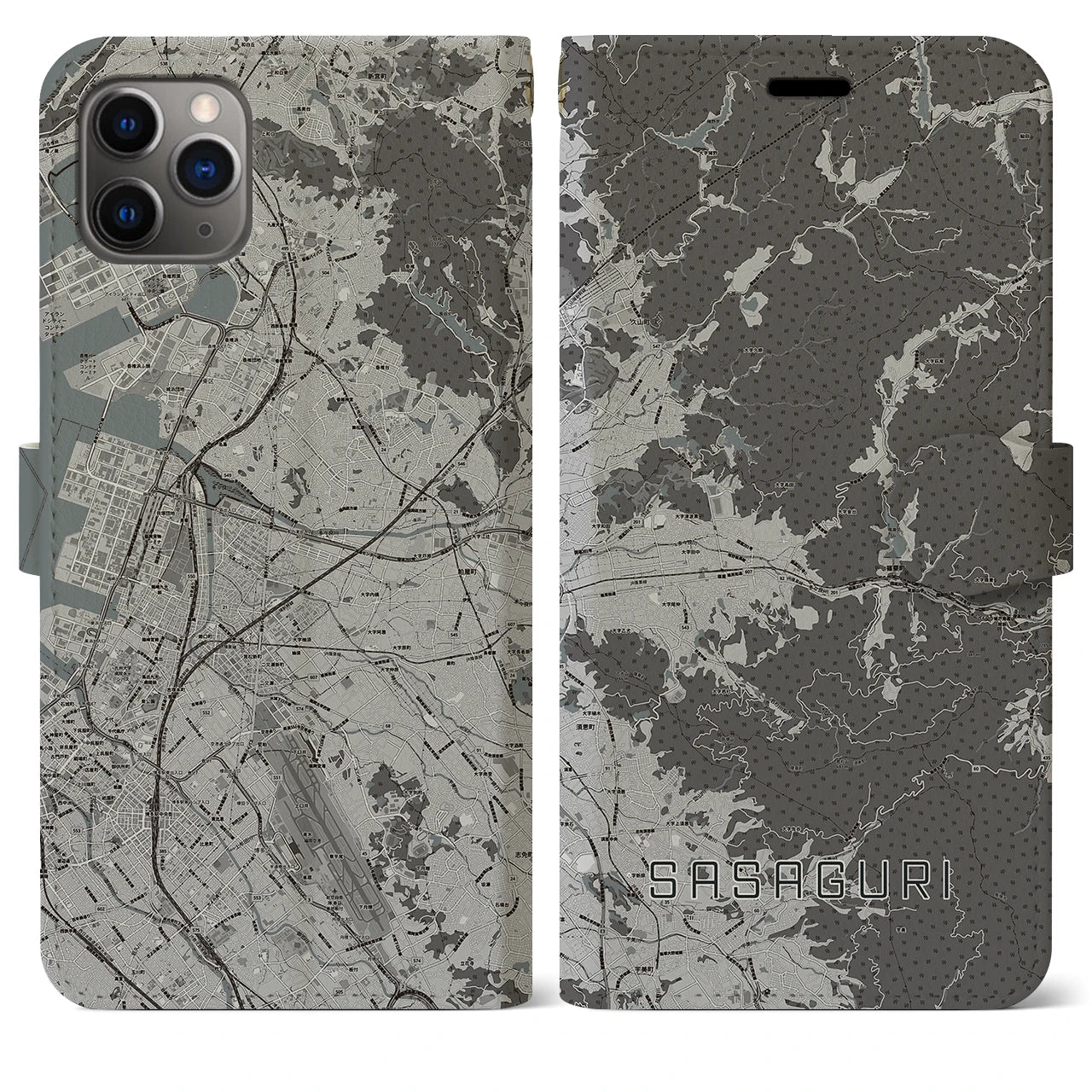 【篠栗(福岡県)】地図柄iPhoneケース(手帳タイプ)モノトーン・iPhone 11 Pro Max 用