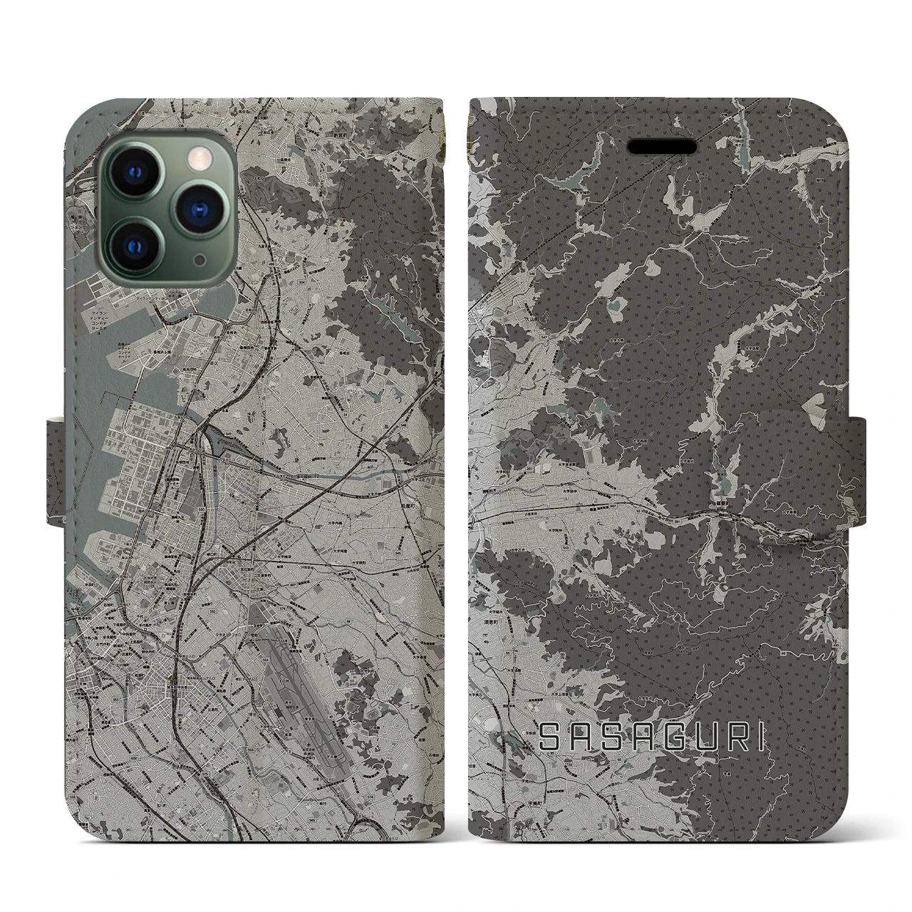 【篠栗(福岡県)】地図柄iPhoneケース(手帳タイプ)モノトーン・iPhone 11 Pro 用