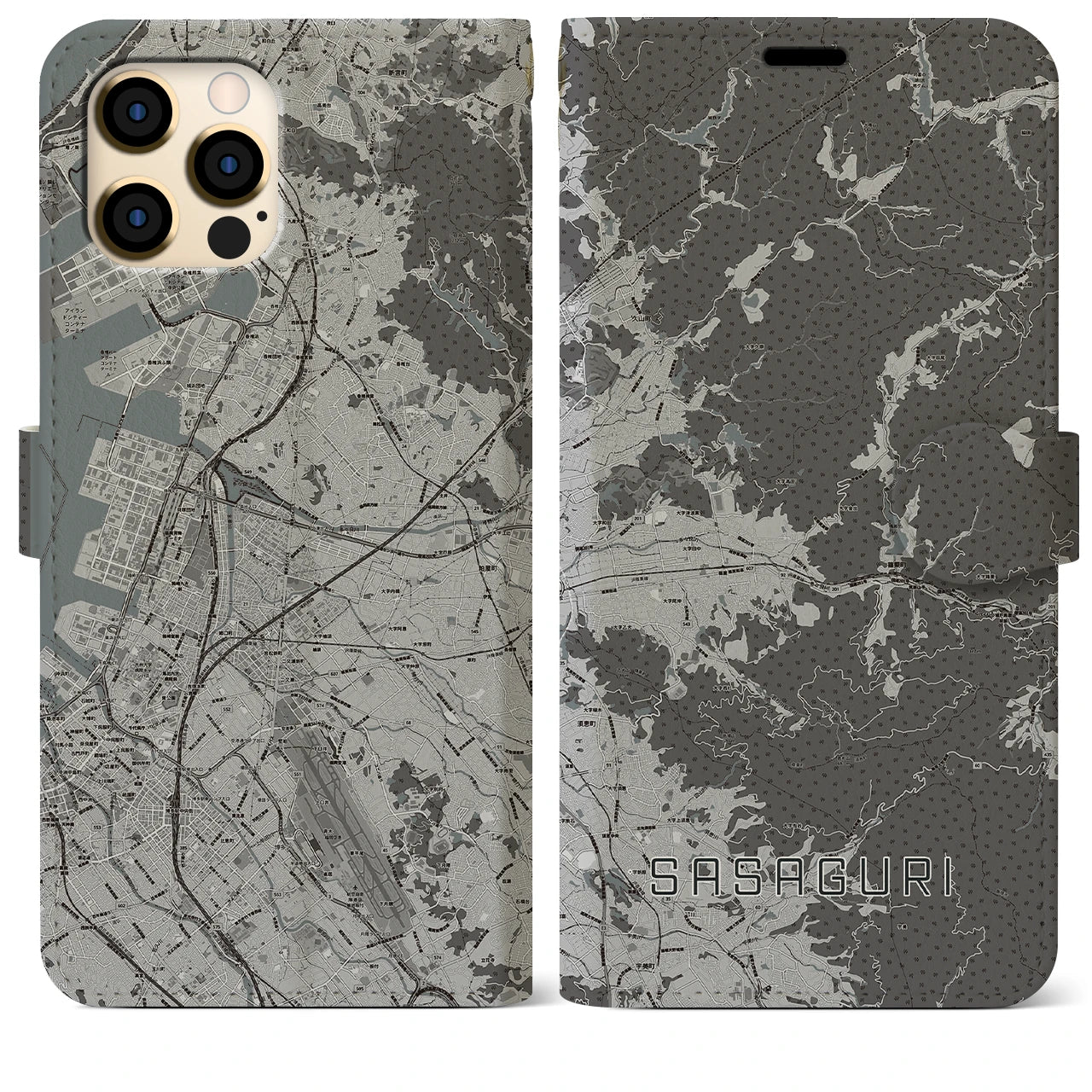 【篠栗(福岡県)】地図柄iPhoneケース(手帳タイプ)モノトーン・iPhone 12 Pro Max 用