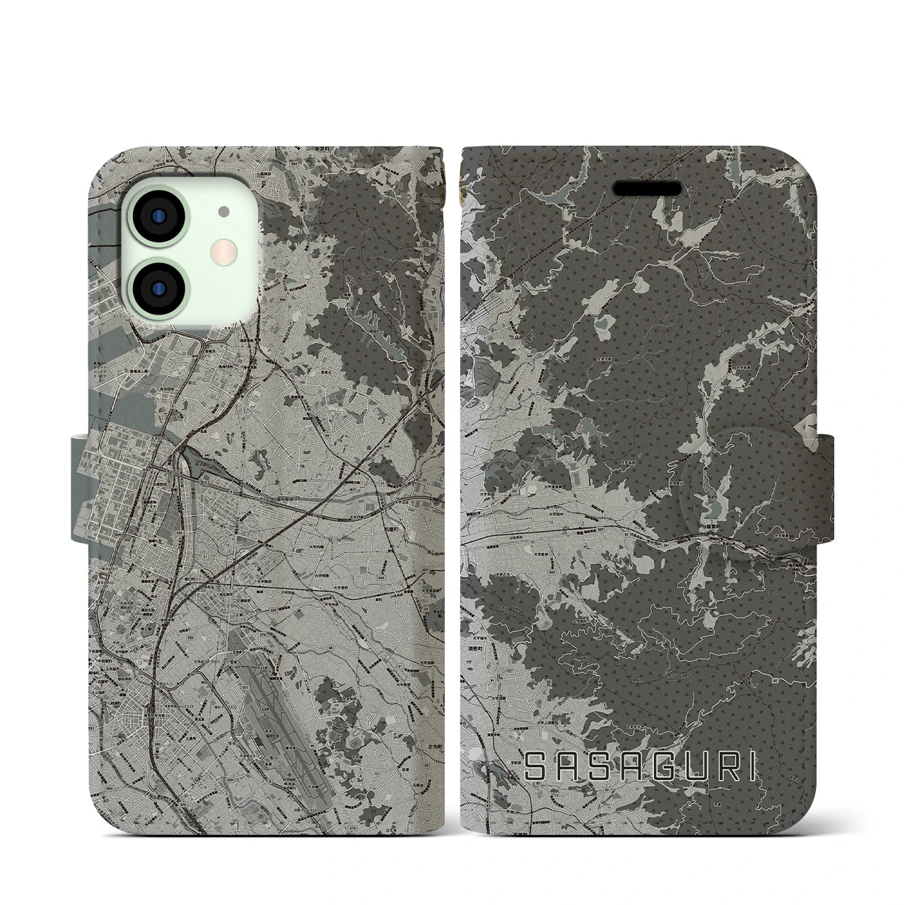 【篠栗(福岡県)】地図柄iPhoneケース(手帳タイプ)モノトーン・iPhone 12 mini 用