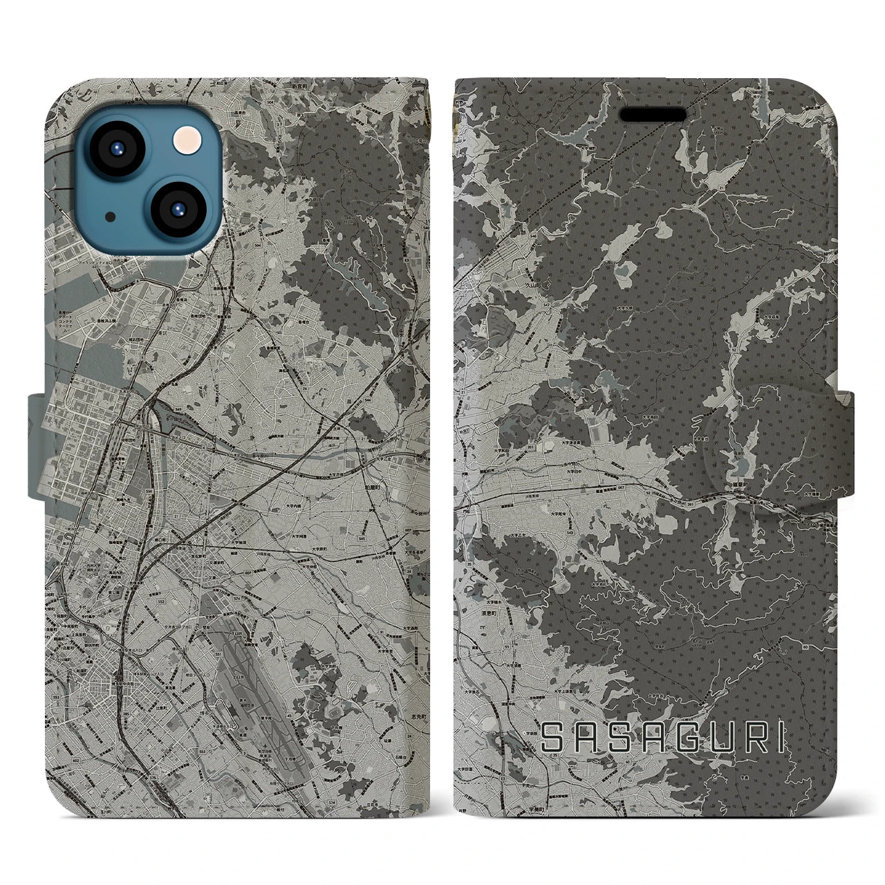 【篠栗(福岡県)】地図柄iPhoneケース(手帳タイプ)モノトーン・iPhone 13 用