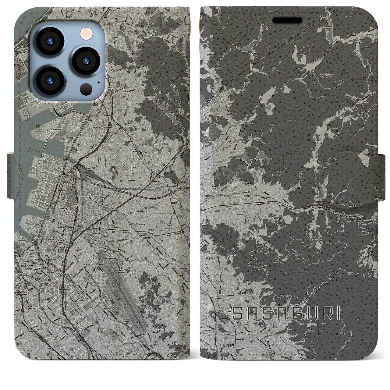 【篠栗(福岡県)】地図柄iPhoneケース(手帳タイプ)モノトーン・iPhone 13 Pro Max 用