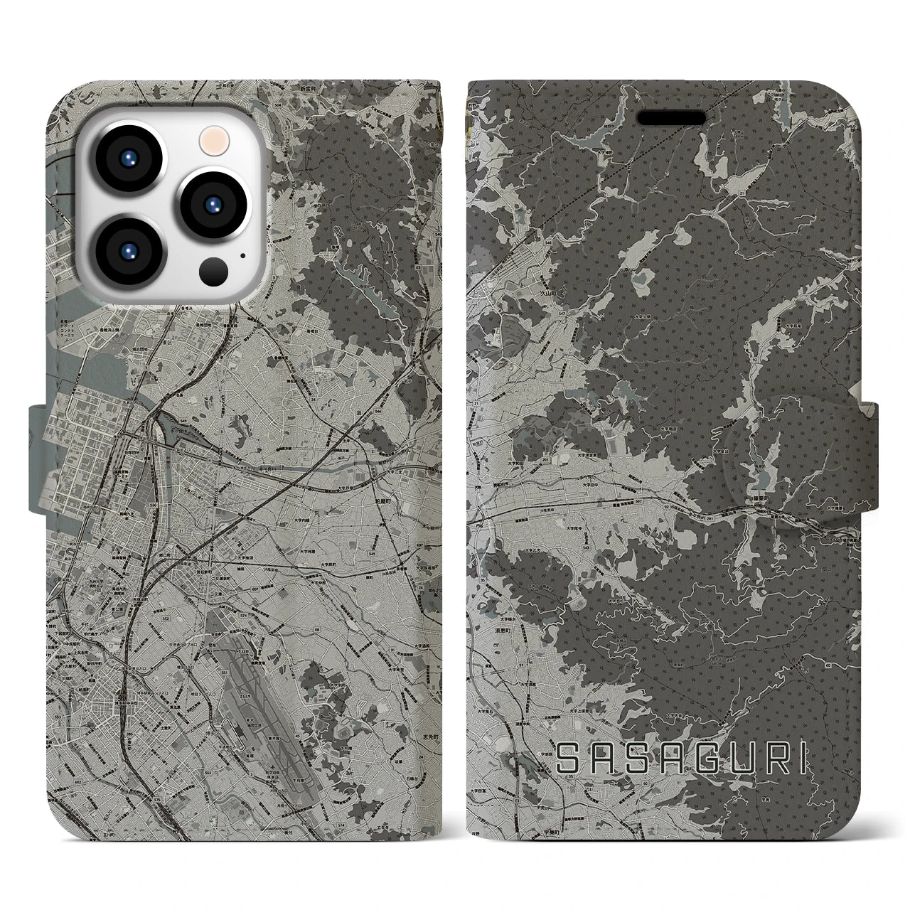 【篠栗(福岡県)】地図柄iPhoneケース(手帳タイプ)モノトーン・iPhone 13 Pro 用