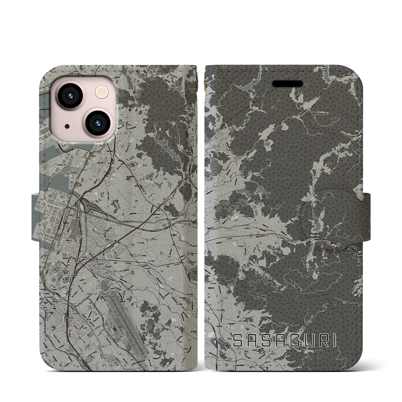 【篠栗(福岡県)】地図柄iPhoneケース(手帳タイプ)モノトーン・iPhone 13 mini 用