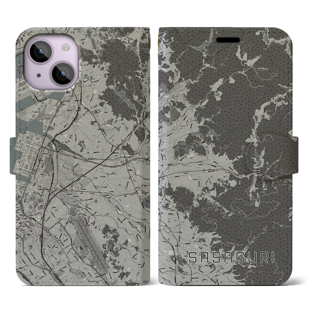 【篠栗(福岡県)】地図柄iPhoneケース(手帳タイプ)モノトーン・iPhone 14 用