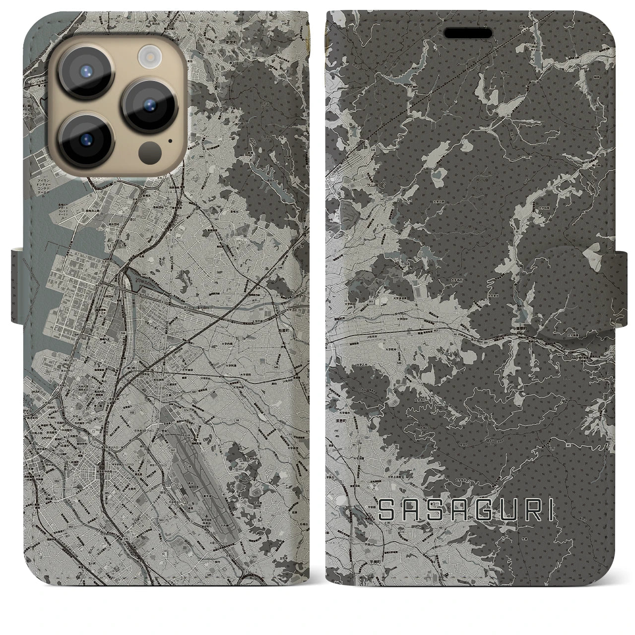 【篠栗(福岡県)】地図柄iPhoneケース(手帳タイプ)モノトーン・iPhone 14 Pro Max 用