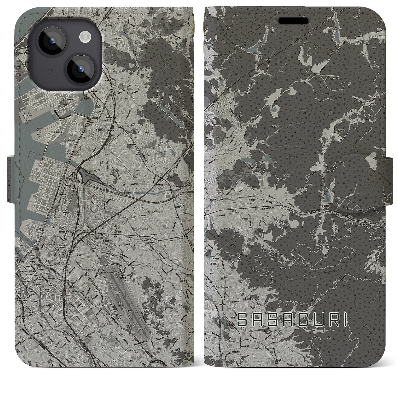 【篠栗(福岡県)】地図柄iPhoneケース(手帳タイプ)モノトーン・iPhone 14 Plus 用