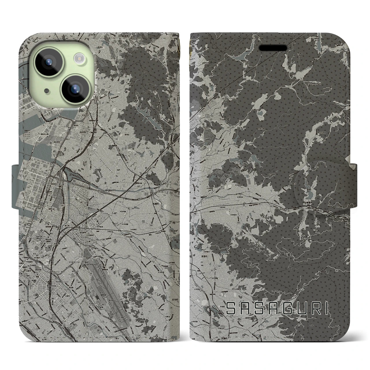 【篠栗(福岡県)】地図柄iPhoneケース(手帳タイプ)モノトーン・iPhone 15 用