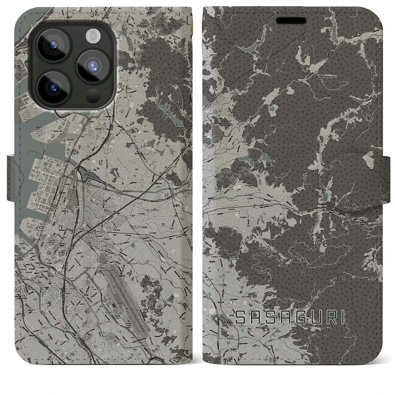 【篠栗(福岡県)】地図柄iPhoneケース(手帳タイプ)モノトーン・iPhone 15 Pro Max 用