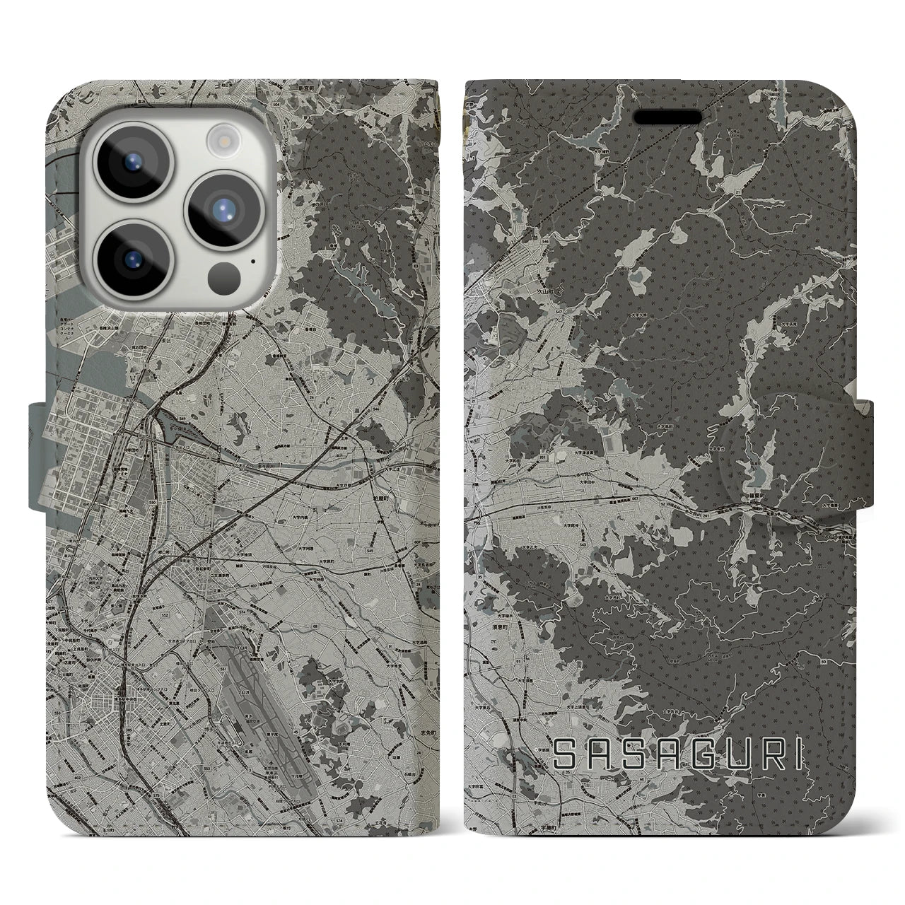 【篠栗(福岡県)】地図柄iPhoneケース(手帳タイプ)モノトーン・iPhone 15 Pro 用