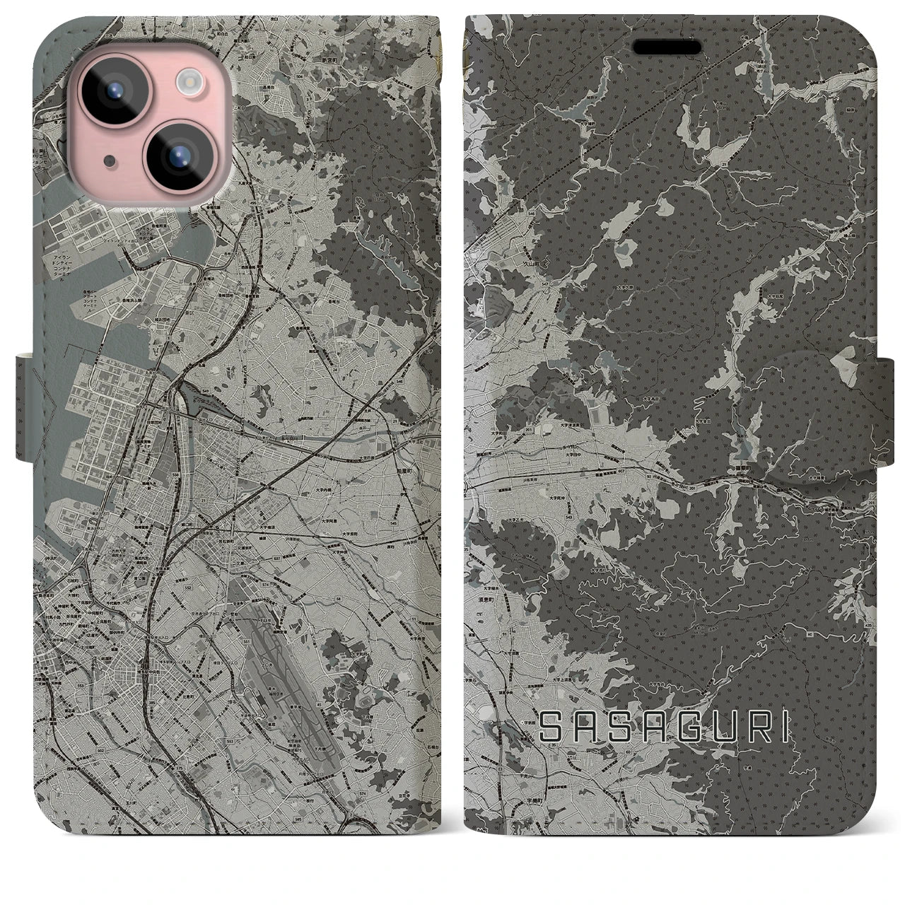 【篠栗(福岡県)】地図柄iPhoneケース(手帳タイプ)モノトーン・iPhone 15 Plus 用