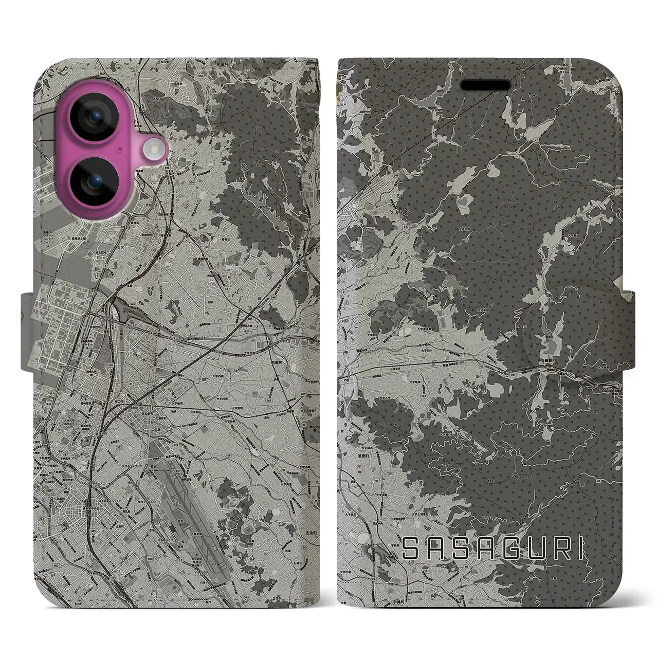 【篠栗(福岡県)】地図柄iPhoneケース(手帳タイプ)モノトーン・iPhone 16 Pro 用