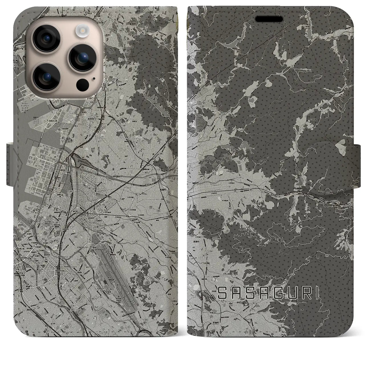 【篠栗(福岡県)】地図柄iPhoneケース(手帳タイプ)モノトーン・iPhone 16 Plus 用