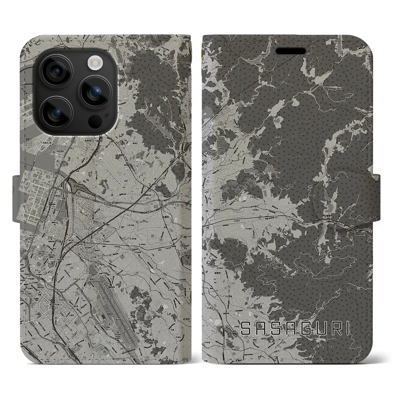 【篠栗(福岡県)】地図柄iPhoneケース(手帳タイプ)モノトーン・iPhone 16 用