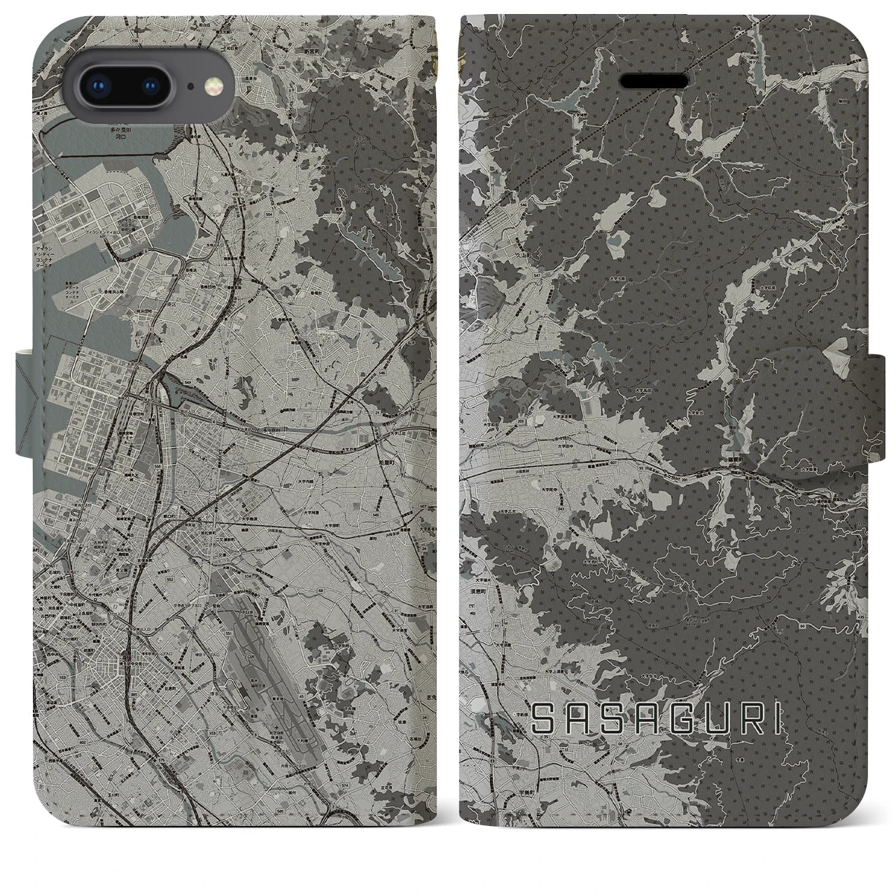【篠栗(福岡県)】地図柄iPhoneケース(手帳タイプ)モノトーン・iPhone 8Plus /7Plus / 6sPlus / 6Plus 用