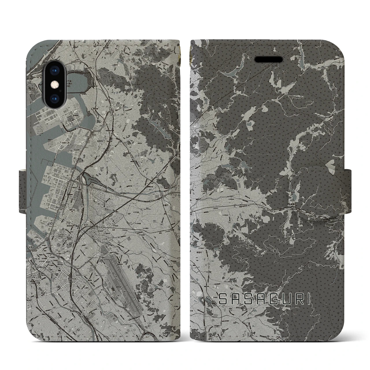 【篠栗(福岡県)】地図柄iPhoneケース(手帳タイプ)モノトーン・iPhone XS / X 用