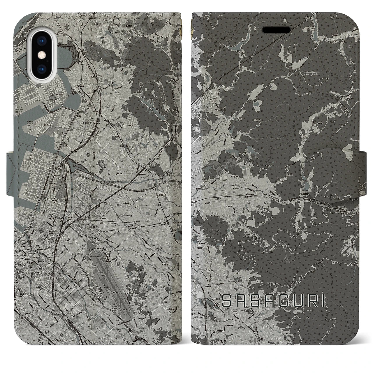 【篠栗(福岡県)】地図柄iPhoneケース(手帳タイプ)モノトーン・iPhone XS Max 用