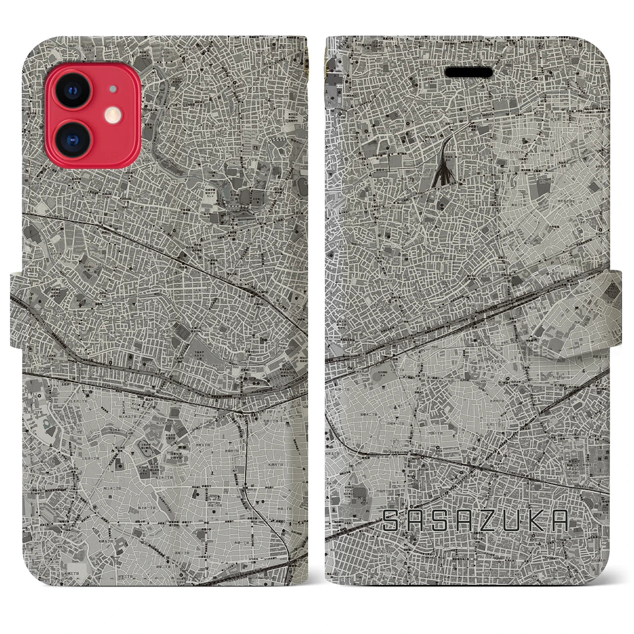 【笹塚(東京都)】地図柄iPhoneケース(手帳タイプ)モノトーン・iPhone 11 用