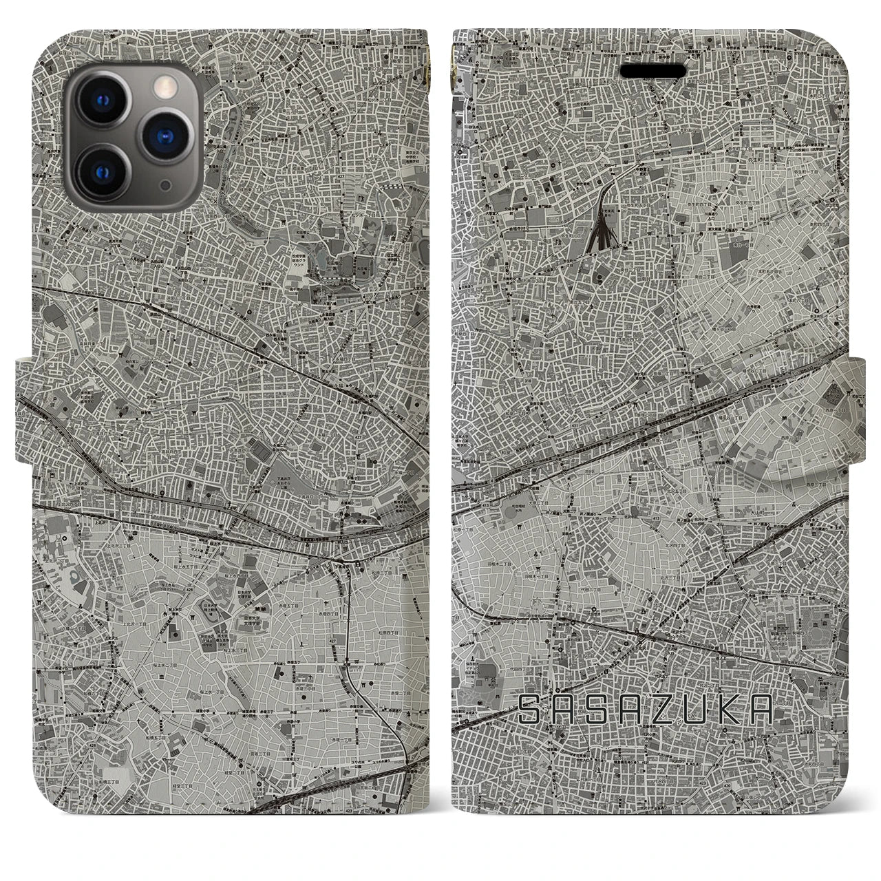 【笹塚(東京都)】地図柄iPhoneケース(手帳タイプ)モノトーン・iPhone 11 Pro Max 用