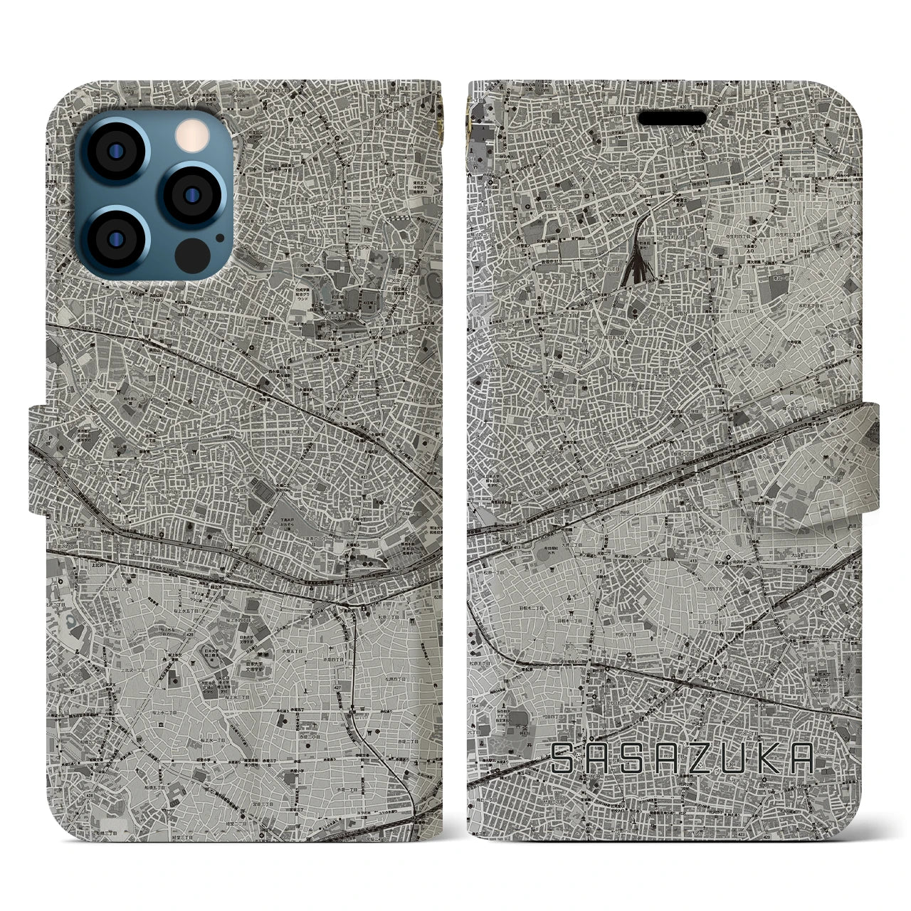 【笹塚(東京都)】地図柄iPhoneケース(手帳タイプ)モノトーン・iPhone 12 / 12 Pro 用