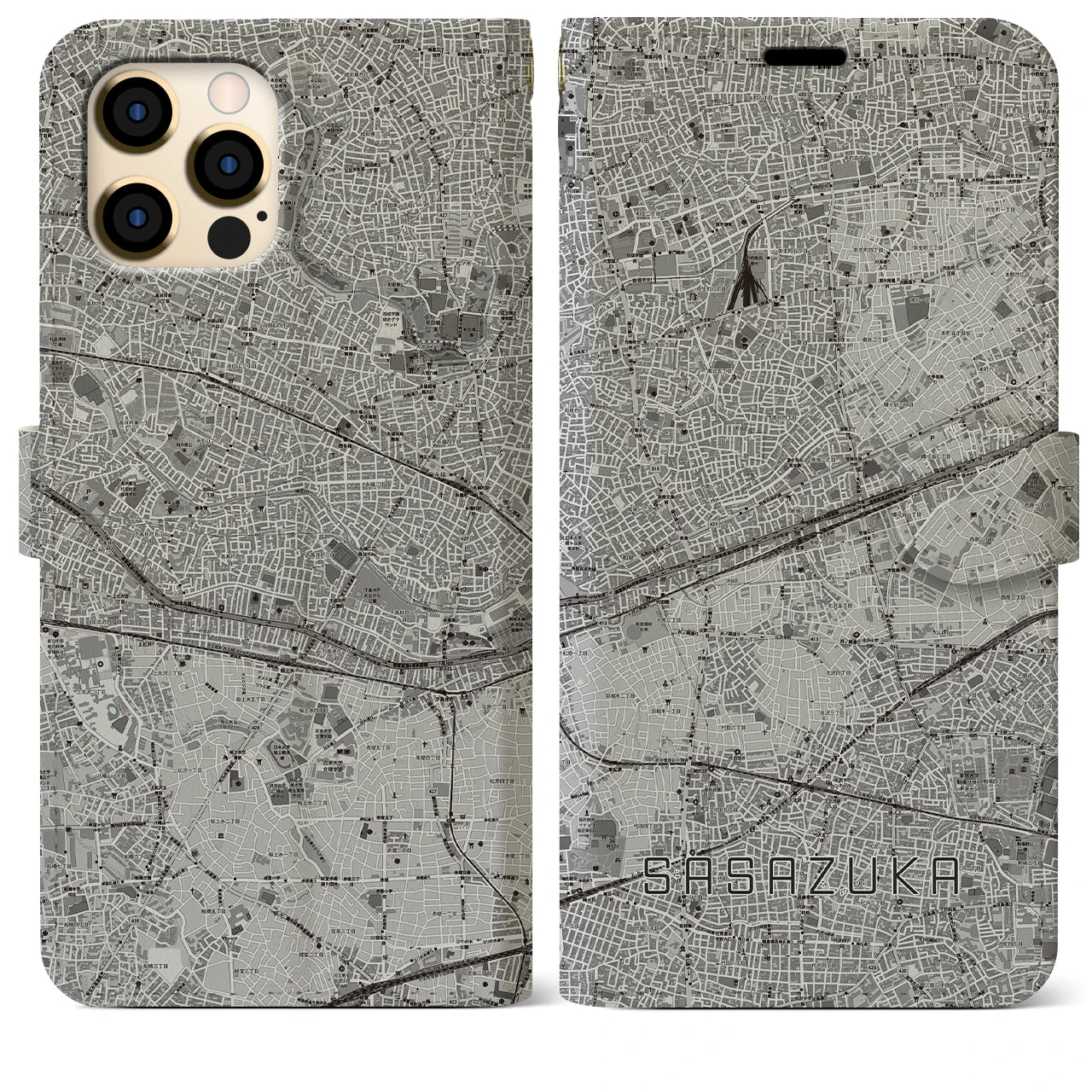 【笹塚(東京都)】地図柄iPhoneケース(手帳タイプ)モノトーン・iPhone 12 Pro Max 用