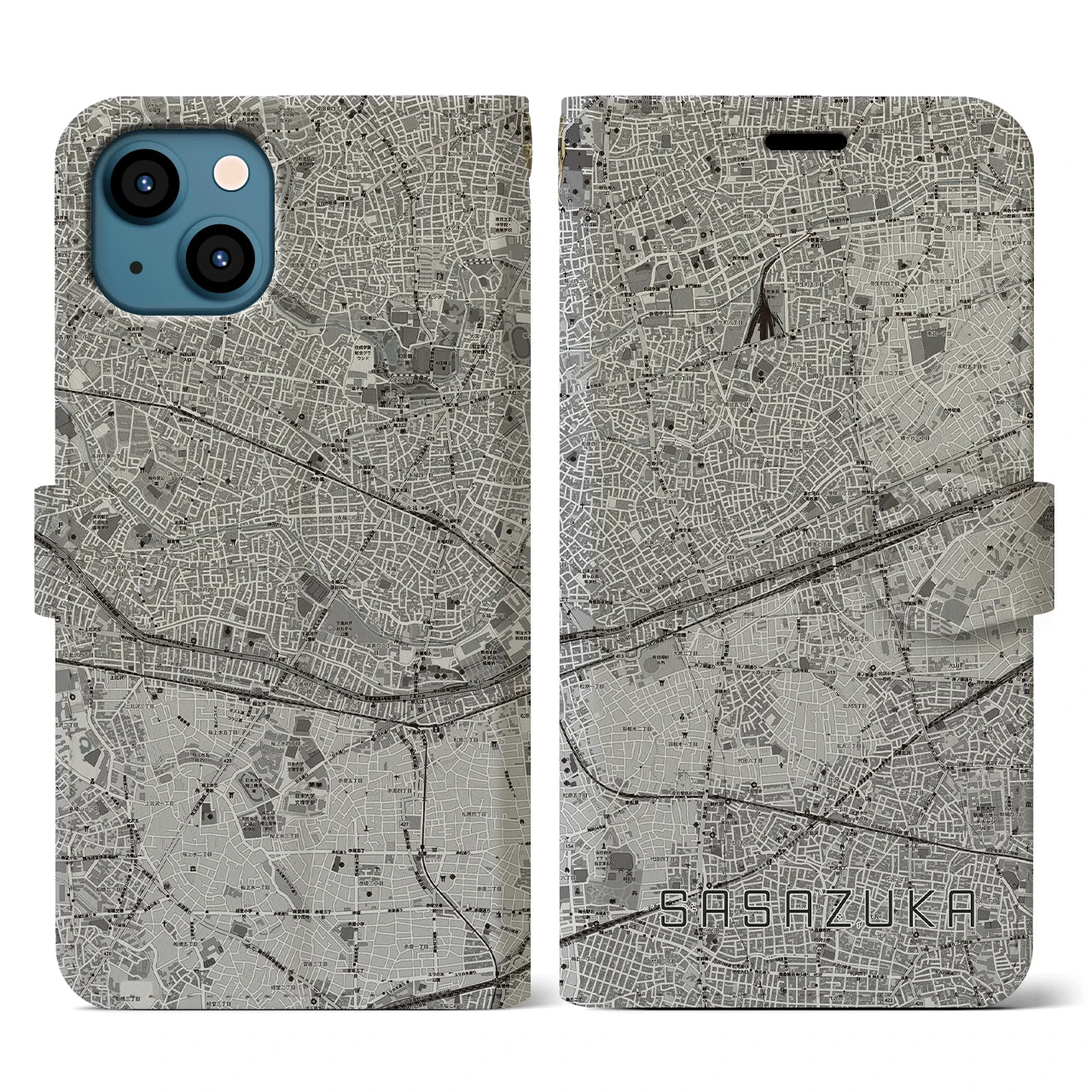 【笹塚(東京都)】地図柄iPhoneケース(手帳タイプ)モノトーン・iPhone 13 用