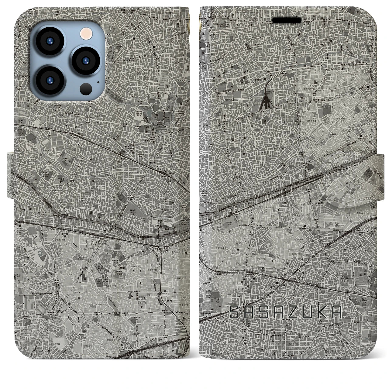【笹塚(東京都)】地図柄iPhoneケース(手帳タイプ)モノトーン・iPhone 13 Pro Max 用