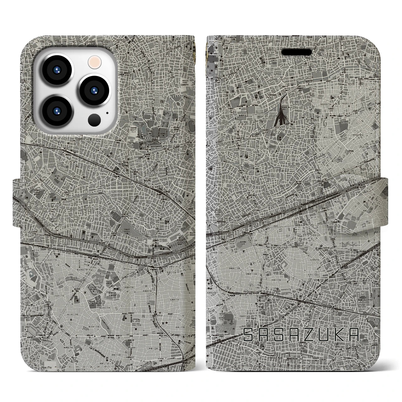 【笹塚(東京都)】地図柄iPhoneケース(手帳タイプ)モノトーン・iPhone 13 Pro 用