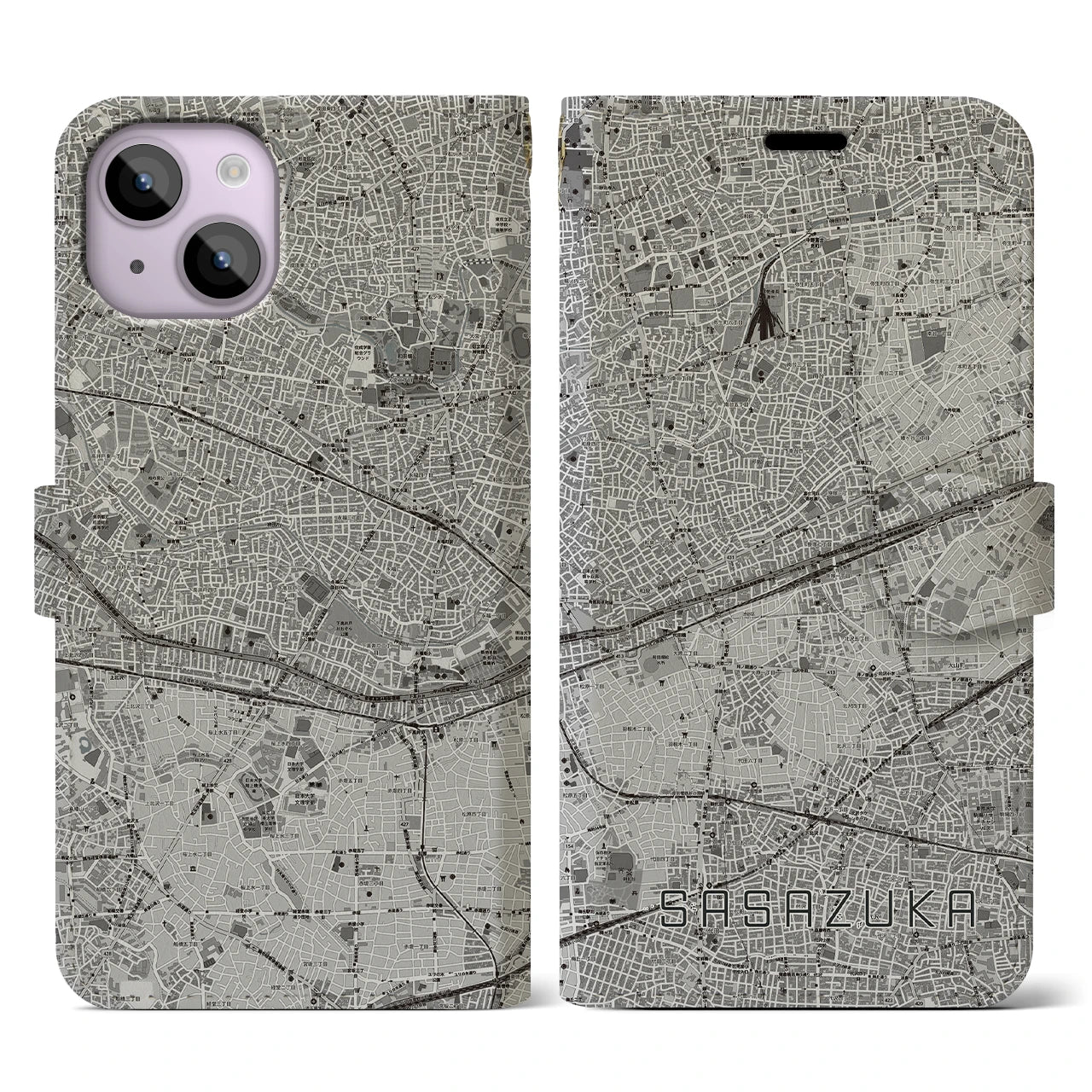 【笹塚(東京都)】地図柄iPhoneケース(手帳タイプ)モノトーン・iPhone 14 用