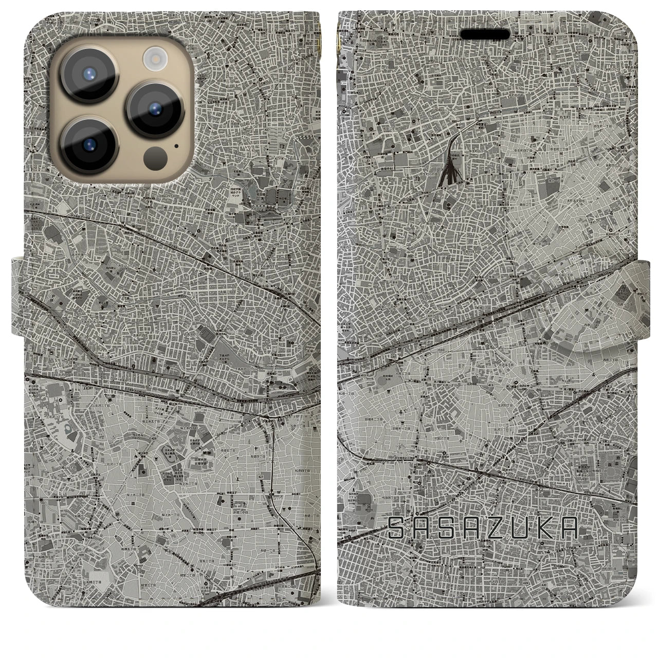 【笹塚(東京都)】地図柄iPhoneケース(手帳タイプ)モノトーン・iPhone 14 Pro Max 用