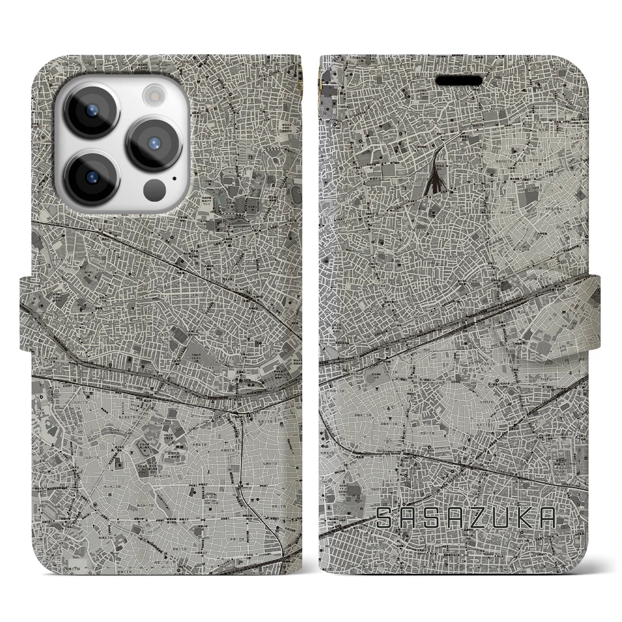 【笹塚(東京都)】地図柄iPhoneケース(手帳タイプ)モノトーン・iPhone 14 Pro 用