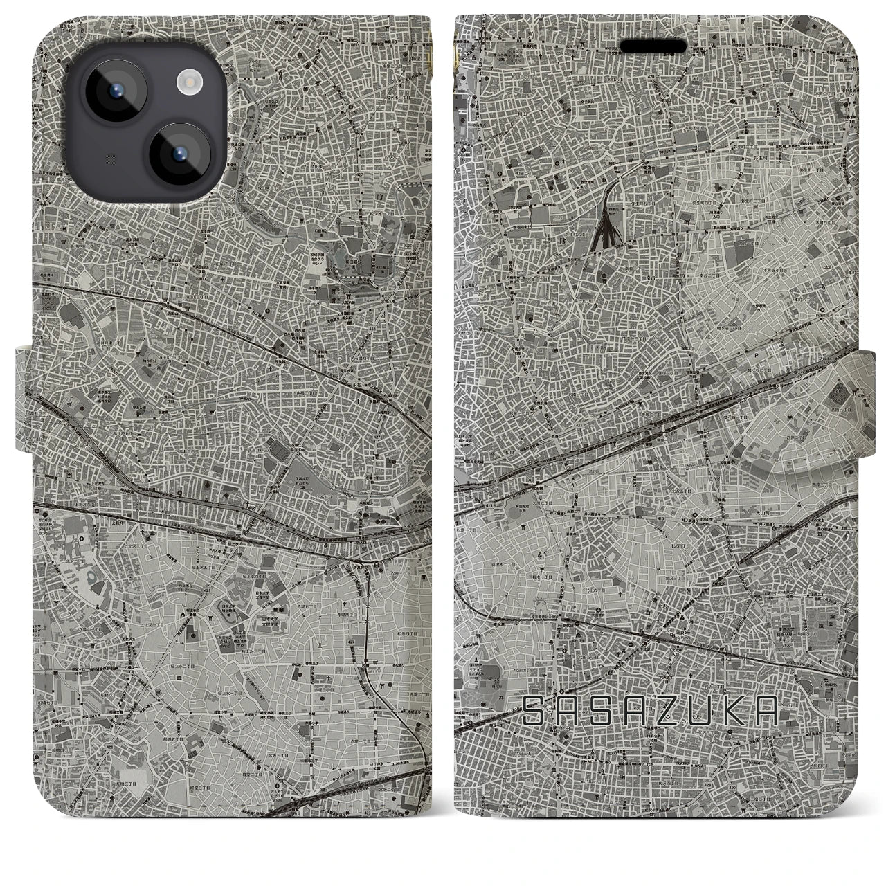 【笹塚(東京都)】地図柄iPhoneケース(手帳タイプ)モノトーン・iPhone 14 Plus 用