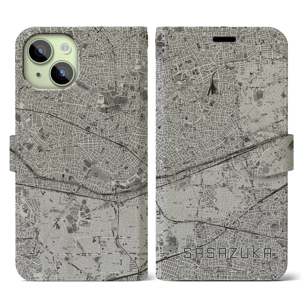【笹塚(東京都)】地図柄iPhoneケース(手帳タイプ)モノトーン・iPhone 15 用