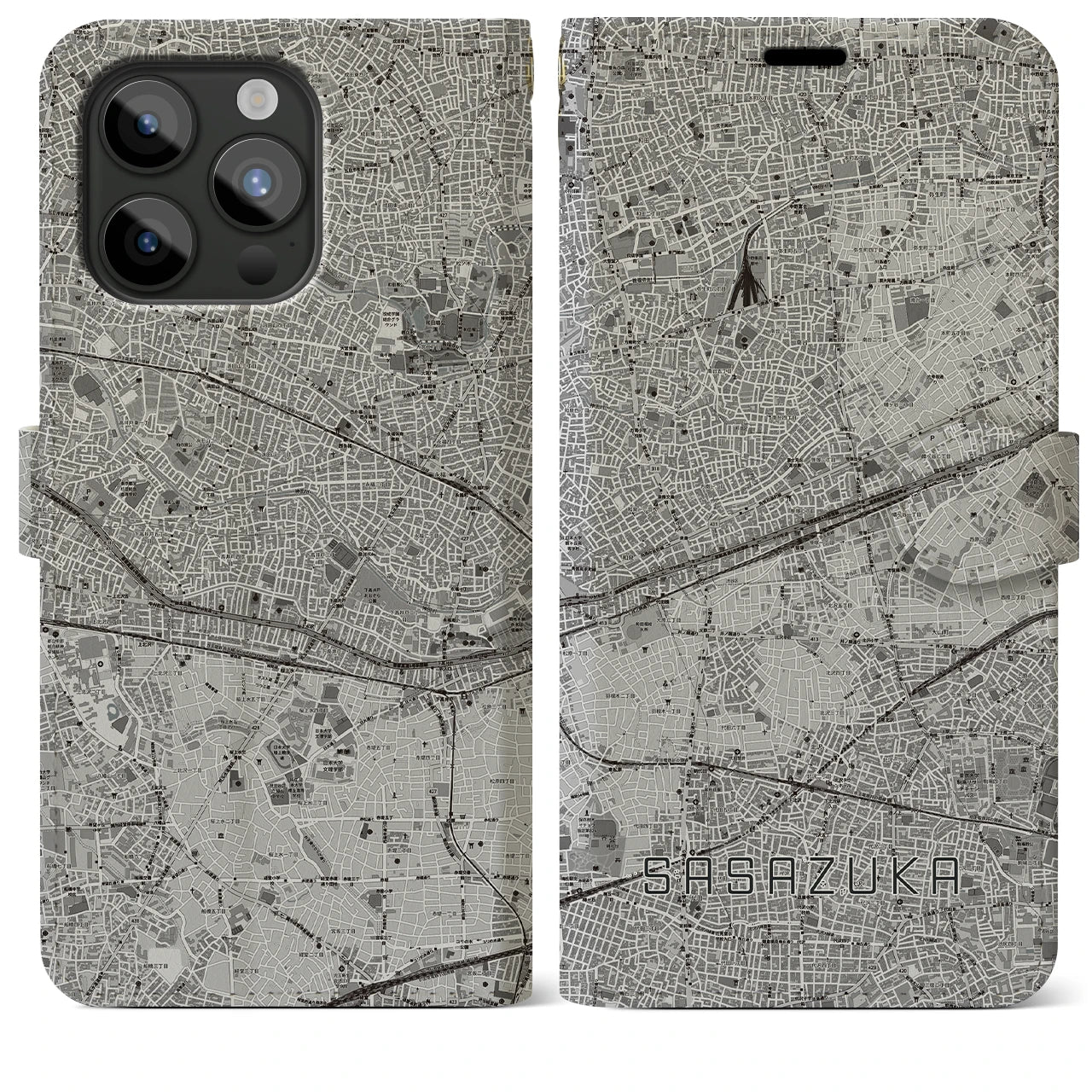 【笹塚(東京都)】地図柄iPhoneケース(手帳タイプ)モノトーン・iPhone 15 Pro Max 用