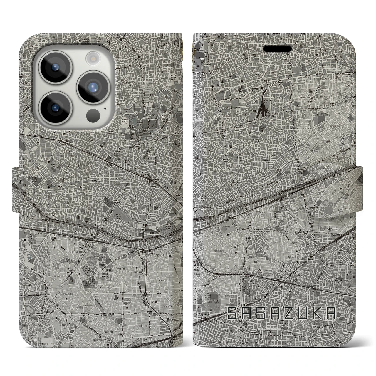 【笹塚(東京都)】地図柄iPhoneケース(手帳タイプ)モノトーン・iPhone 15 Pro 用
