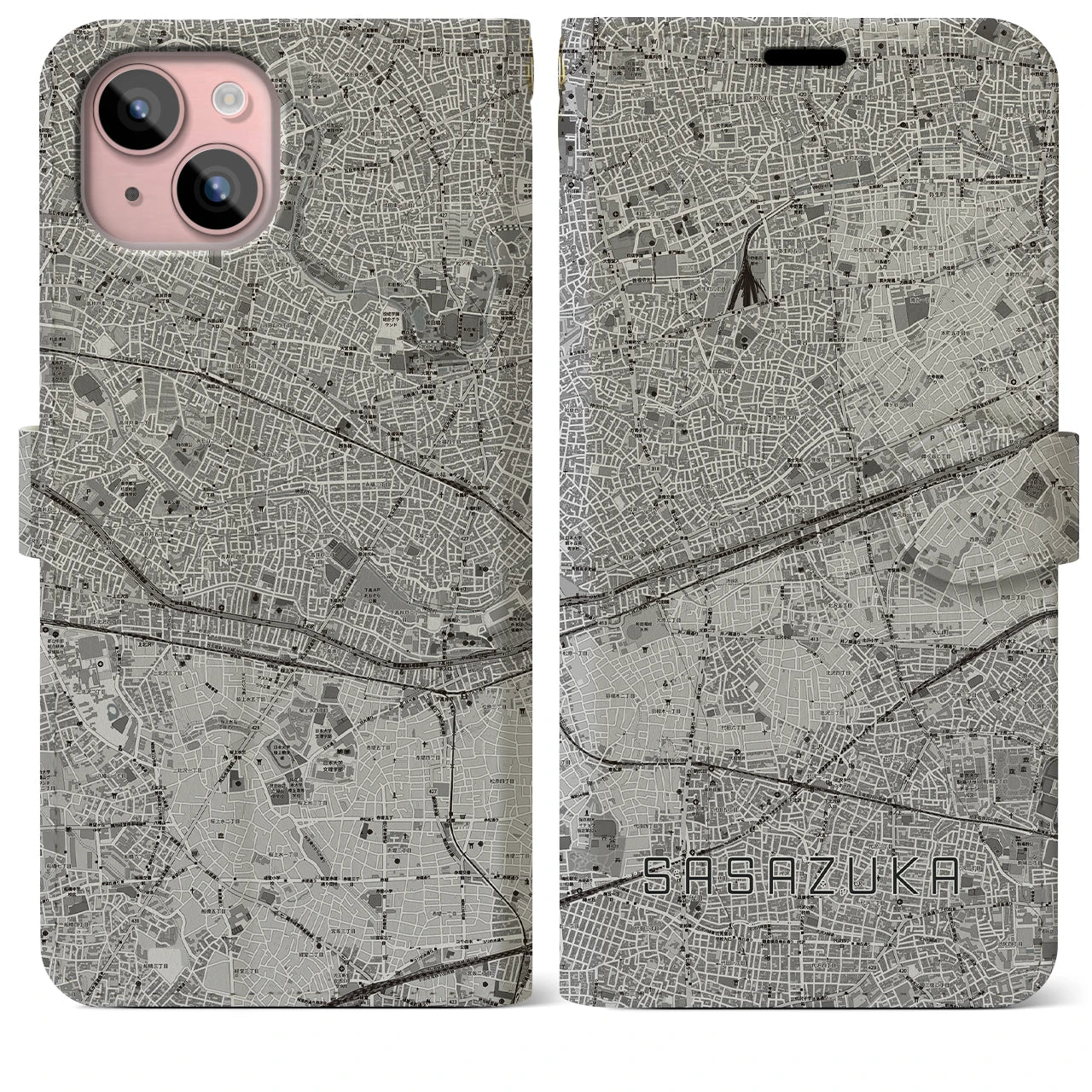 【笹塚(東京都)】地図柄iPhoneケース(手帳タイプ)モノトーン・iPhone 15 Plus 用