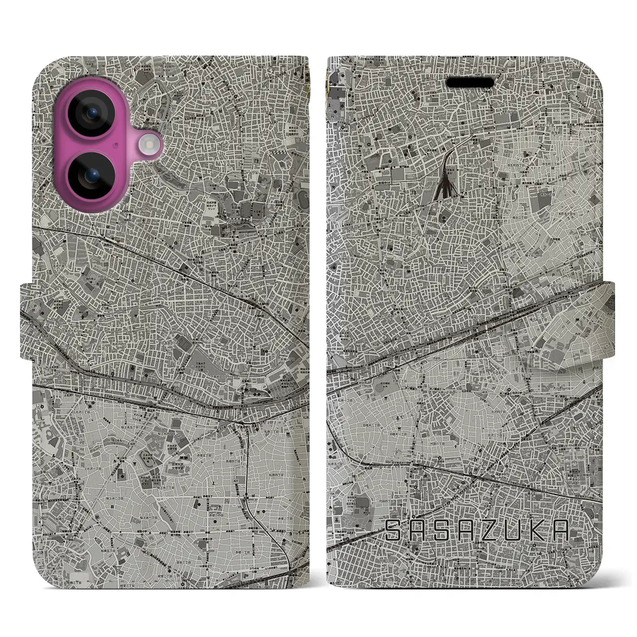 【笹塚(東京都)】地図柄iPhoneケース(手帳タイプ)モノトーン・iPhone 16 Pro 用